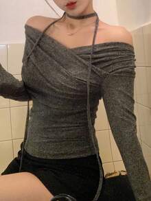 DAZY Women's Cross Off-Shoulder Korean Style Tie-Up Long Sleeve T-Shirt, Spring/Autumn