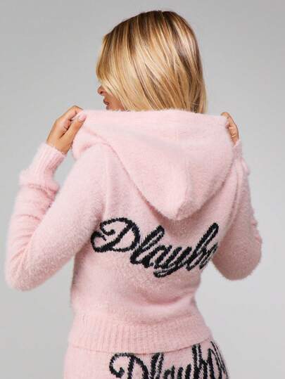 Missguided x Playboy Fluffig stickad huvtröja med dragkedja och huva för kvinnor, mysig vinterkofta