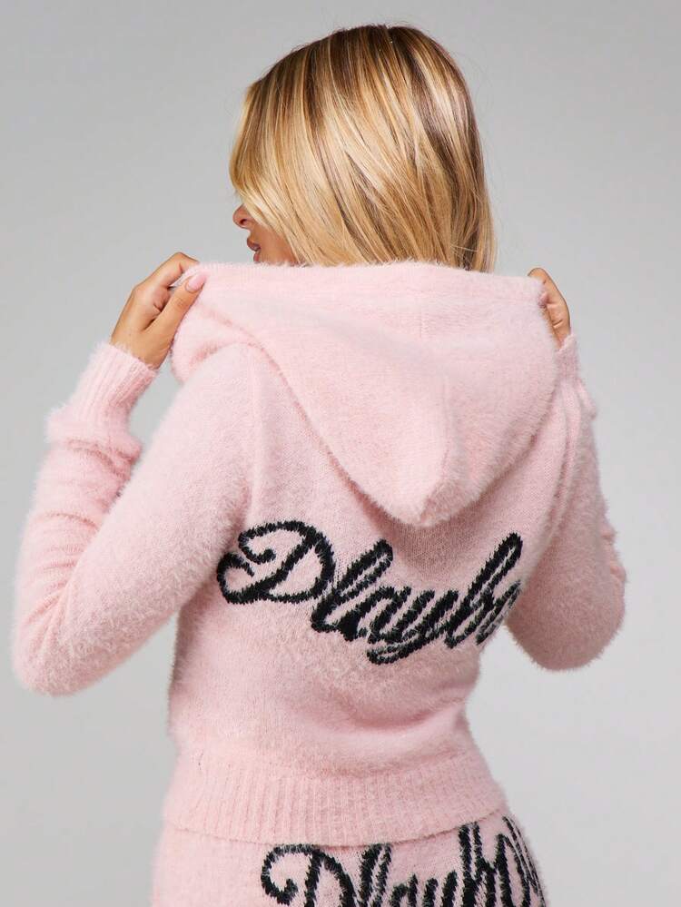 Missguided x Playboy Fluffy Knit Zip Up Hoodie With Hood For Women Winter Cozy Cardigan Sweater