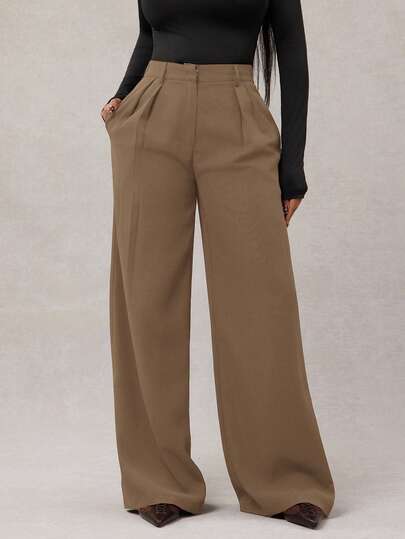 Radiana Pantalones anchos de pierna ancha de color café oscuro de moda minimalista para mujeres, pantalones de tela marrón de pierna ancha para el trabajo, pantalones de tiro alto de pierna ancha marrón para mujeres, pantalones de traje marrón para otoño/invierno