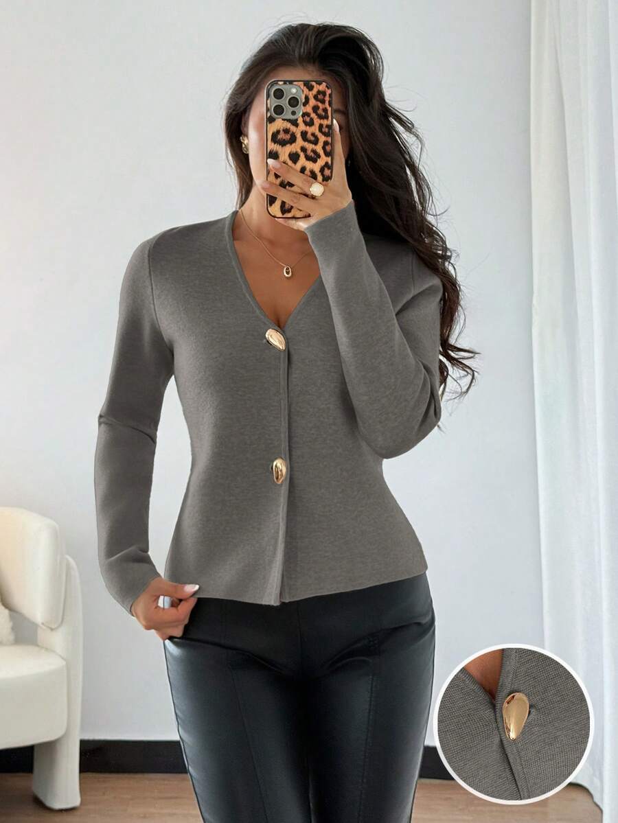 Chiquease Women's Slim Fit Khaki Minimalist Daily Wear Deep V-Neck Long Sleeve Asymmetrical Metal Button Cardigan - Dark Grey - View 1