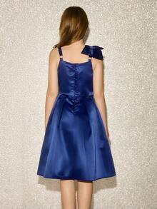 Tween Girls' Elegant Luxurious Navy Blue Royal Blue 3D Floral One Shoulder Strap Mid-Length Formal Dress,Summer Wedding Flower Girl Prom Birthday - Navy Blue - View 2