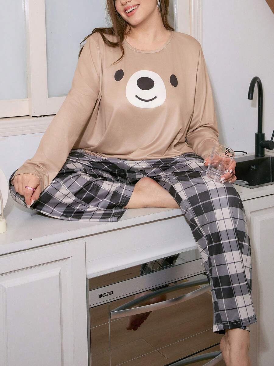Slumberry CURVE Plus Size Women Cute Animal Expression & Plaid Print Long Sleeve Pajama Set, Winter Clothes - Multicolor - View 1