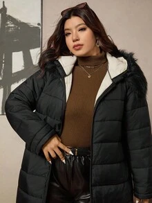 Zelara 加大码女式黑色双面连帽冬装长款棉质外套，适合秋冬季节穿着，加厚保暖。另有带毛领和帽子的长袖黑色杏色撞色绗缝外套，毛绒连帽，保暖舒适，拉链设计，复古风格，亮片点缀，适合秋冬季节穿着，防风防水，带口袋，是节日外套的理想之选。 - 黑色 - 查看 5