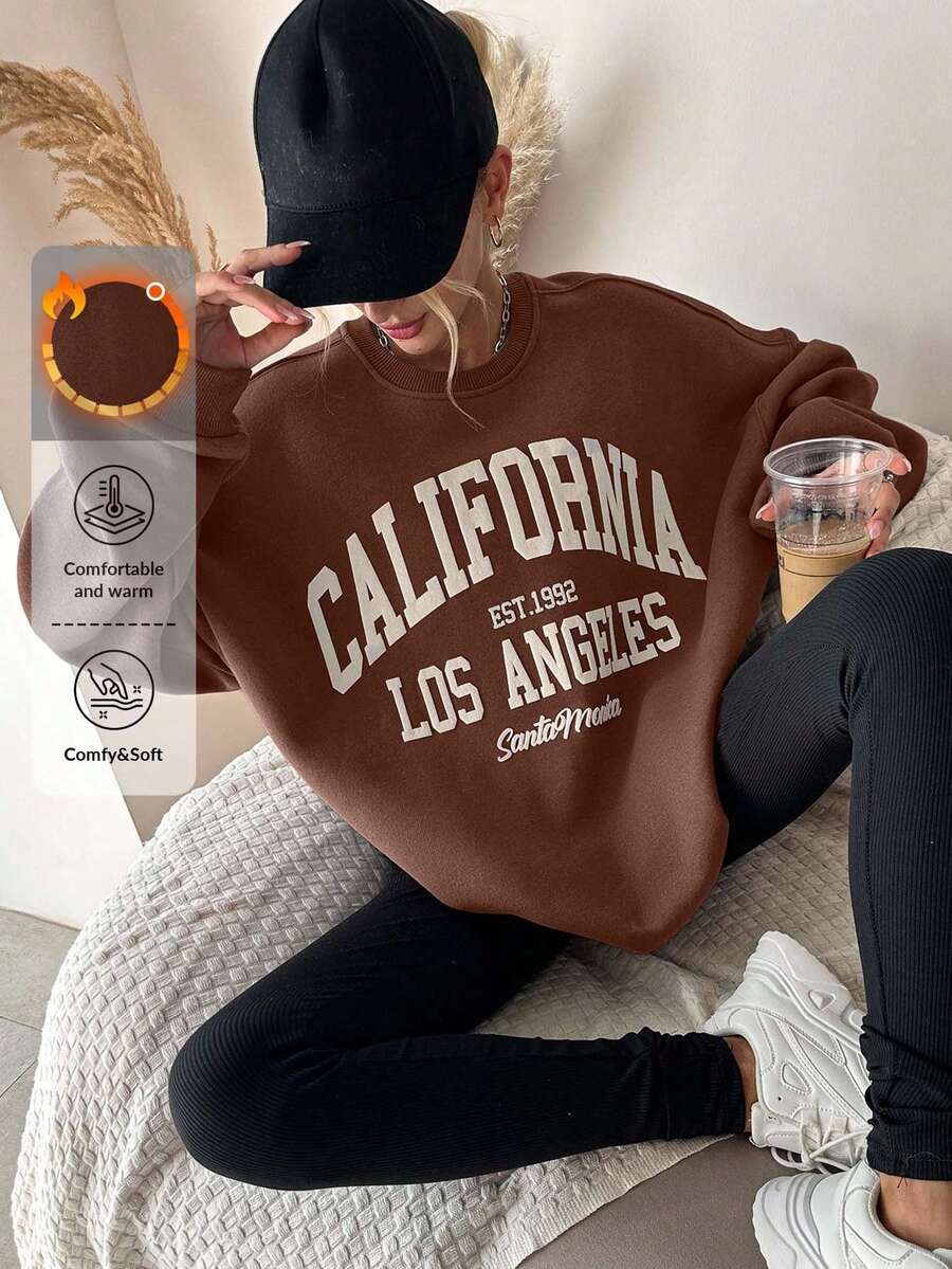 Felpa casual oversize da donna con grafica a lettere e spalle scoperte