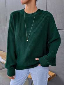 EURMUSE Women's Minimalist Solid Color Drop Shoulder Ribbed Knit Sweater, Autumn/Winter - Green - View 5
