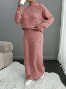 EURMUSE Women Textured Knit Round Neck Drop Shoulder Pullover & Sweater Skirt Set - Dusty Pink - View 3
