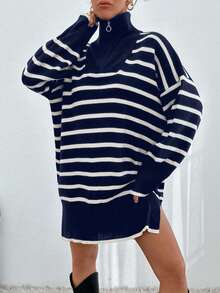 EURMUSE Women Stiped Knit Design Knit Dress With Zipper Detail - Navy Blue - View 1