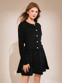 Teen Girls Cozy Fuzzy 2pcs Outfit,Long-Sleeve Button Front Cardigan&Flared Mini Skirt Set,Black Soft Textured Autumn,Casual,Holiday Stylish Ensemble - Black - View 3