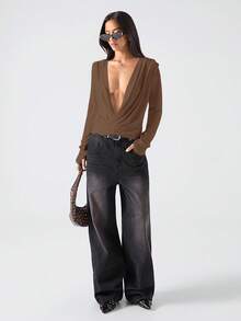 LYSMO 女士时尚性感纯色裹身深V领上衣 - 棕色 - 查看 4