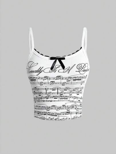 ROMWE Avant Y2K Retro Millennium Babe Music Note Print Hooded 2 In 1 Contrast Lace Trim Camisole