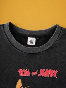 TOM & JERRY X SHEIN Hanorac cu guler rotund, spălat, cu imprimeu de șoarece și litere, mărime plus, toamnă