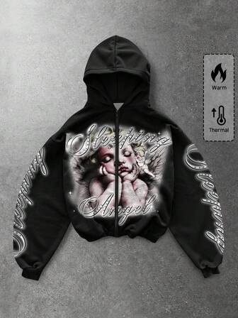 Street Life Herren Lässig Engel Buchstaben Muster Hoodie Sweatshirt, Herbst/Winter