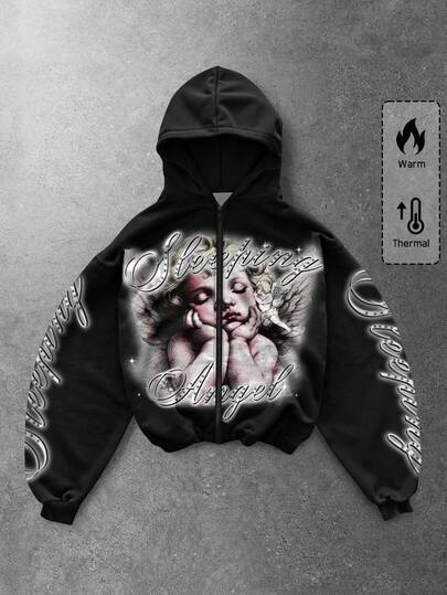 Street Life Sudadera con capucha casual de hombre con estampado de letra de ángel, otoño/invierno