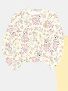 SHEIN Happikins 可爱田园兔子花卉印花、郁金香蝴蝶结印花、压花套装、波西米亚野花、植物套装、复古植物套装、粉彩花卉自然套装、波西米亚风女婴休闲简约针织柔软套头衫套装，适合秋冬季节，街头复古风，舒适易穿，女婴秋季叠穿，时尚女婴，休闲装，女婴图案服装，秋季服装，舒适易穿，户外野餐，郊游，街头风，居家 - 彩色 - 查看 4