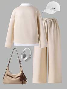 SHEIN Explorewe 两件套少女时尚休闲长袖V领字母印花卫衣搭配宽松侧袋运动裤，适合圣诞节、万圣节、秋冬季穿着。 - 卡其色 - 查看 2