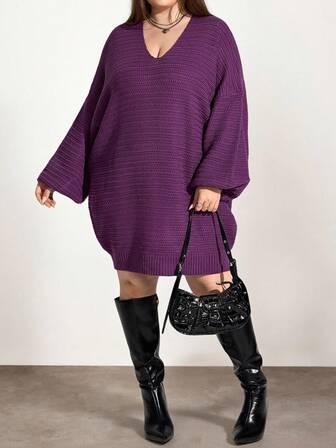 Enliva Robe pull ample à col V tricoté pour femmes grande taille, pour l'automne/l'hiver