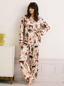 Chillnights INS 千禧植物动物西部风情前开襟女士睡衣套装，适合居家休闲、秋冬穿着 - 彩色 - 查看 1