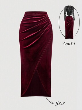 SHEIN MOD 여성용 비대칭 밑단 벨벳 미니스커트, 겨울옷, 옷, 이브 스커트, 추수감사절 의상, 우아한 스커트, 이브닝 스커트 시크 웨딩, 레드 스커트, 졸업, 파티, 가을, 여성용 가을 옷, 여성용 겨울옷