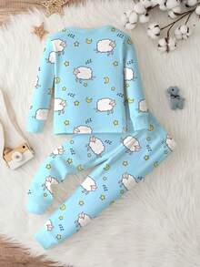 SHEIN 男婴贴身休闲简约圆领舒适长袖睡衣套装，秋冬款，经典可爱卡通睡羊、星星、月亮星空印花 - 彩色 - 查看 2