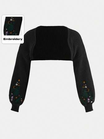 Plus Size Gothic Thorns, Moon, Jungle Fern & Floral Embroidered Cardigan Sweater, Plus Size Cropped Long Sleeve Knit Cardigan Sweater, Plus Size Women Autumn/Winter Tops, Plus Size Women Short Knit Cardigan Jacket For Autumn/Winter