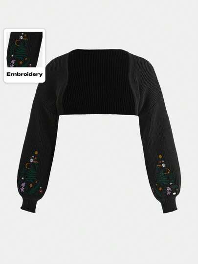 Goth Cardigan con ricami di spine, luna, felce della giungla e fiori, taglie forti. Cardigan corto a maniche lunghe lavorato a maglia, taglie forti. Top per donne taglie forti autunno/inverno. Giacca corta di cardigan lavorato a maglia per donne taglie forti autunno/inverno