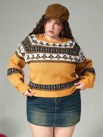 Fairycore Suéter casual de cuello redondo con estampado de abeja vintage para mujer de talla grande, invierno