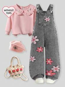 Young Girl Floral Print Pocket Design Wide Leg Casual Denim Jumpsuit