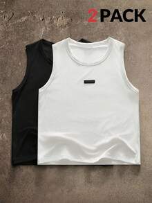 AXEPEAK Men's Casual Versatile Solid Color Tank Top With Embellished Patch - Black and White - View 1