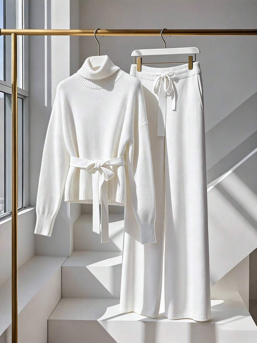 GlowEve CURVE Conjunto de suéter de cuello alto y pantalones de corte holgado para mujer de talla grande, conjunto de moda minimalista para otoño/invierno - Blanco - Ver 1