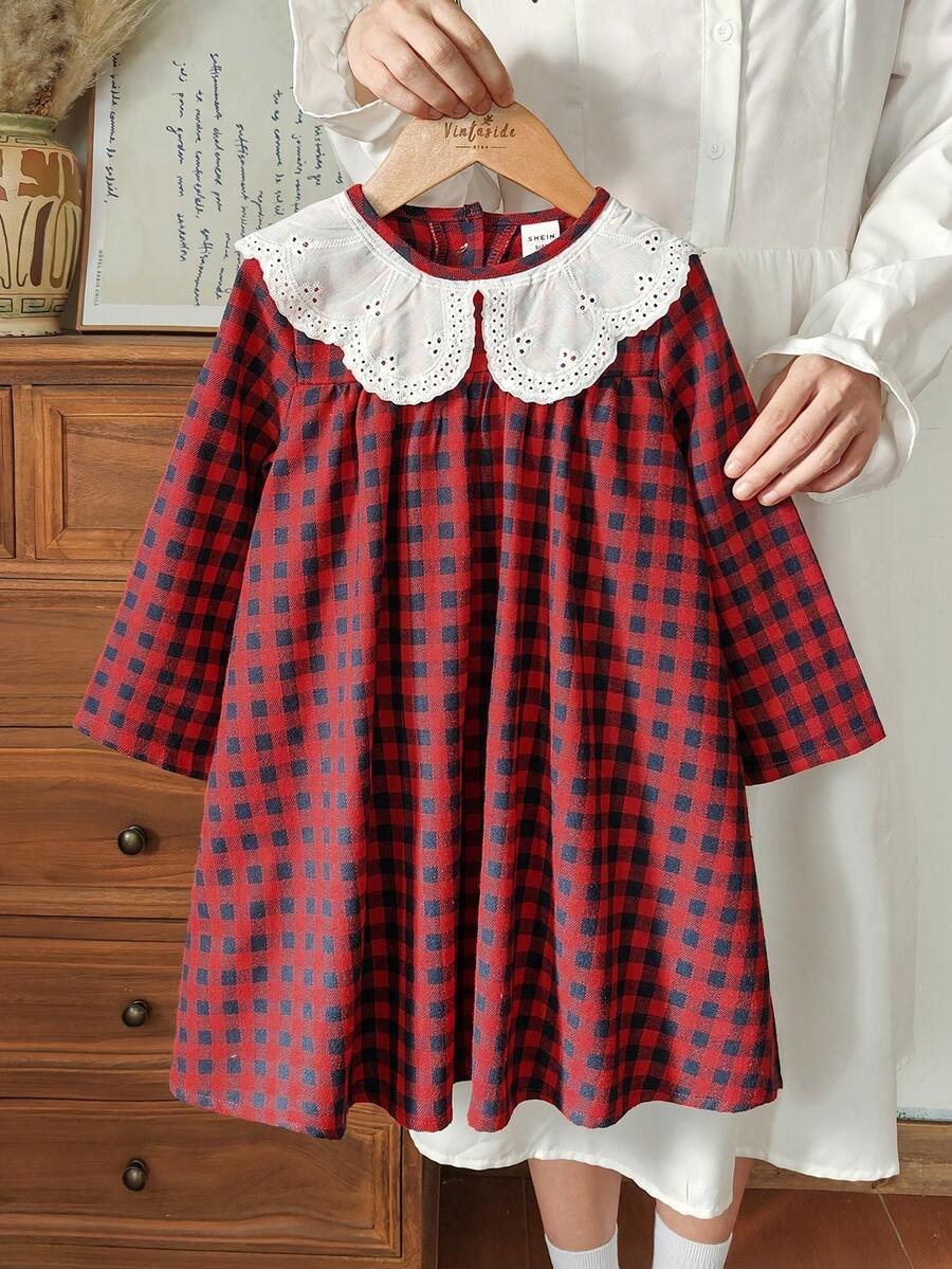 Vintaside Kids Váy kẻ caro cho bé gái, phong cách đồng quê, váy dài tay vải lanh cotton thanh lịch cho quý cô, bộ sưu tập đa năng, phù hợp cho mùa chuyển mùa xuân và thu - Đỏ và đen - Xem 1