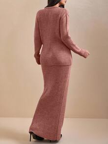 EURMUSE Women Solid Color Front Button Rib Knit Cardigan & Sweater Skirt Set - Dusty Pink - View 6