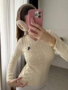 CovetEZ Women's Casual V-Neck Long Sleeve Knit Sweater With Knight Pattern And Stripes, Autumn/Winter Casual Everyday Wear Minimalist Style Sweater,Tops For School In Fall/Winter