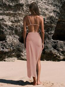 SHEIN X Sofía Suescun SHEIN Swim Chicsea 女士休闲沙滩度假3D花卉开衩罩衫 - 粉色 - 查看 2