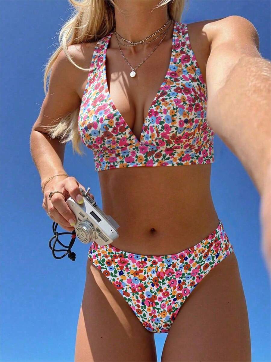 Swim Vcay 夏季两件套碎花吊带交叉后背系带比基尼套装
