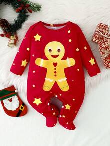 新生儿长袖连脚连体衣，夜光圣诞可爱柔软针织红色波点星星饼干图案睡衣 - 紅色 - 查看 3