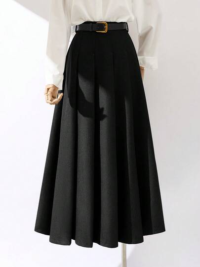 Sweetra Autumn/Winter Elegant Warm Brown Pleated A-Line Skirt, Flattering Fit With Belt Accent, Unique Design Sense Women's Skirt