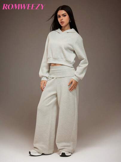 2pcs/Set Teen GirlCasual Solid Color Knitted Fleece Hoodie With Ribbed Cuffs & Hem And Matching Pants, Sweatsuit