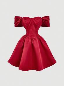 SHEIN MOD Váy midi trễ vai buộc eo cho nữ, màu đỏ tía, mùa thu/đông, Halloween, ác mộng trước Giáng sinh, trang phục Halloween cho nữ, tiệc tùng, thanh lịch, váy satin đỏ, váy trễ vai, váy trang trọng màu đỏ, váy dài chấm đất màu đỏ, váy dự tiệc màu đỏ, váy dự tiệc cưới cho nữ - Đỏ - Xem 3