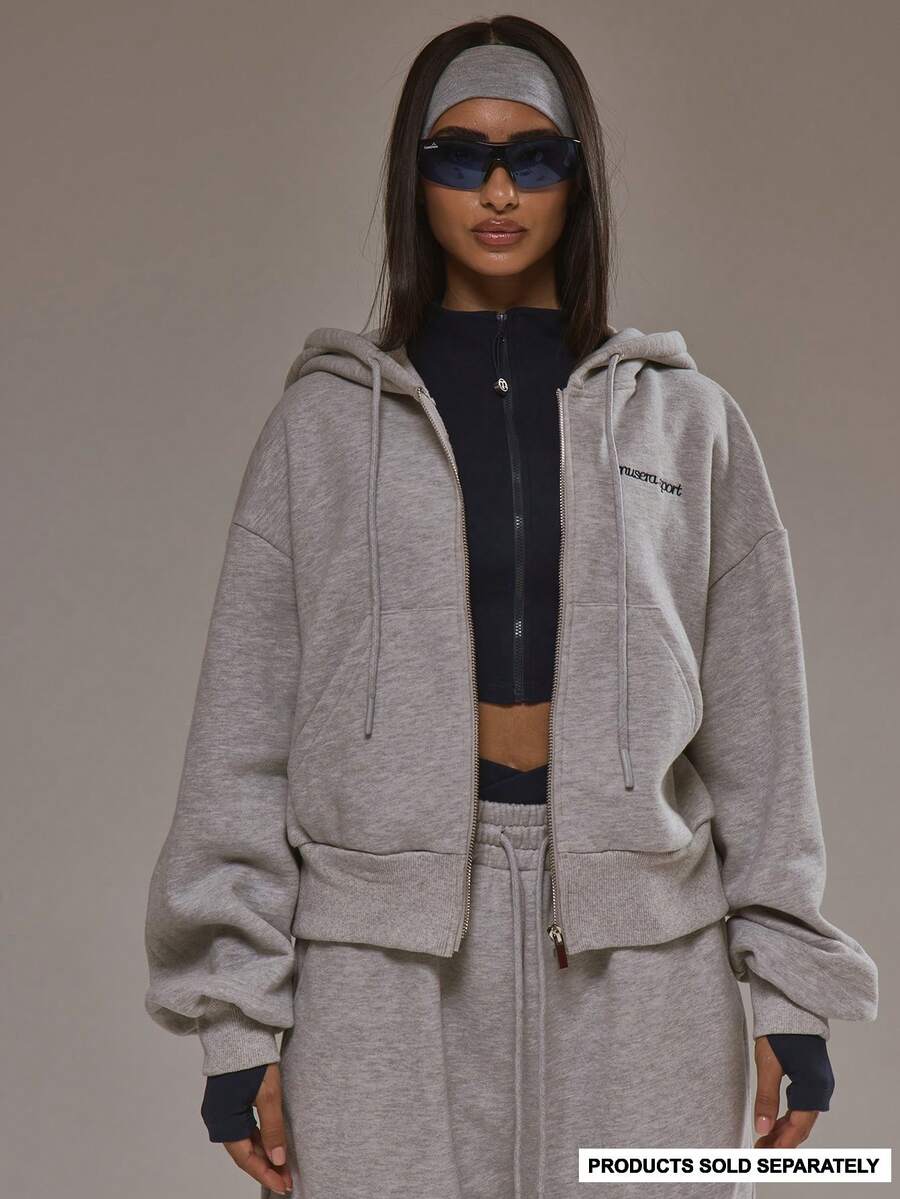 Musera Sport Boxy Fit Zip Through Hoodie Tracksuit Top Only Padel Autumn Fall Winter Activewear Sport Gym Workout Alloy