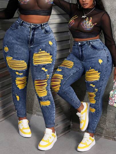 Slaydiva Jeans in Große Größen für Frauen, sexy, skinny, dehnbar, zerrissen, blaue Damenjeans, Denimjeans, Jeanshosen, Jeggings, Strumpfhosen für Frauen, Hosen in Petite-Größe, dehnbare Jeanshosen für Frauen, Strumpfhosen für Frauen, Jeans mit hoher Taille, Leggings