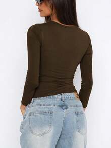 INAWLY Women's Heart Print Round Neck Long Sleeve Cropped Fitted T-Shirt - Brown - View 3