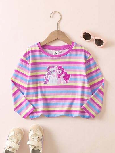 My Little Pony X SHEIN Young Girl Casual Cute Striped & Cartoon Pattern Round Neck Drop Shoulder Long Sleeve Knit T-Shirt Long Sleeve Tops For Girls Cute Crop Tops For Kids Kids Girl Tops Cute Girl Tops