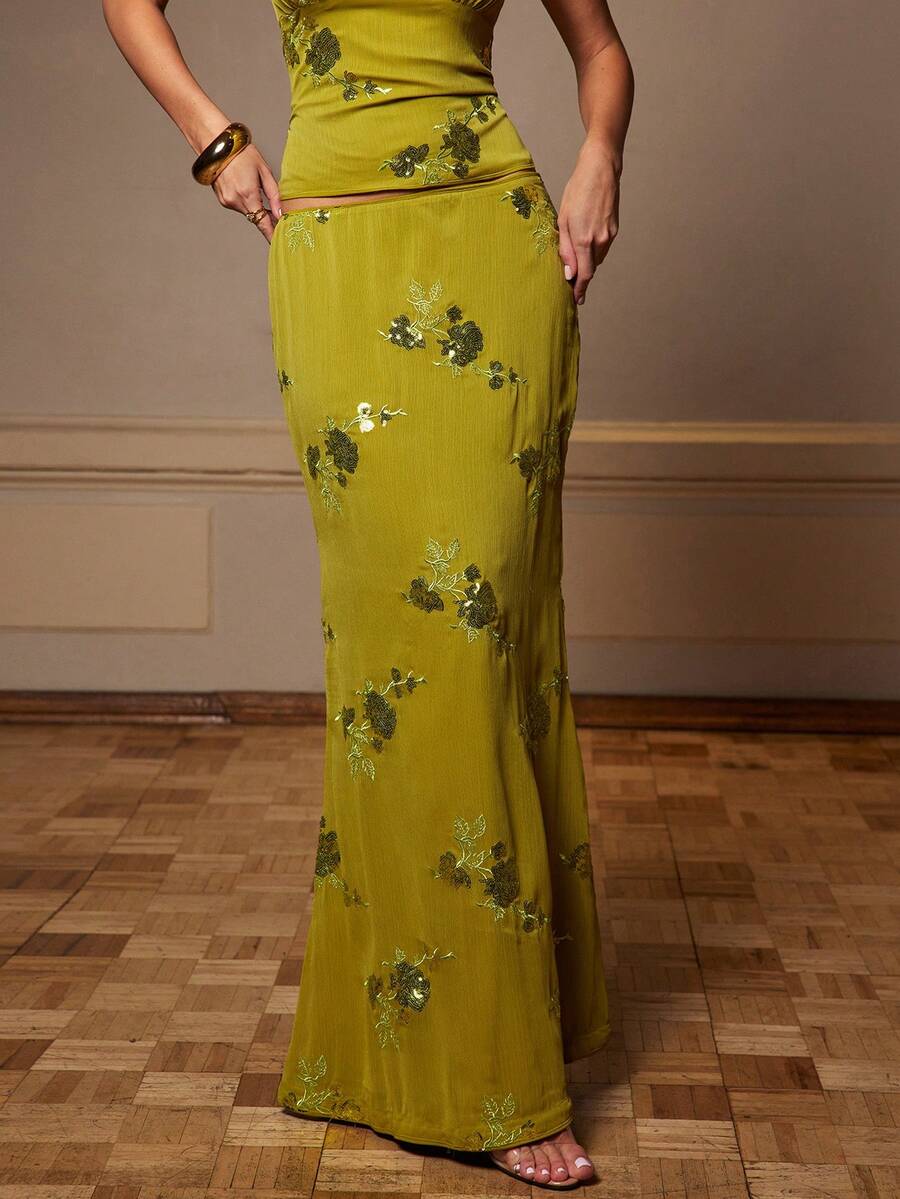 Silquee Váy cạp trễ bằng vải jacquard sequin màu trơn dành cho nữ, thích hợp mặc khi đi nghỉ, ở nhà và ngoài trời - màu xanh lá - Xem 1