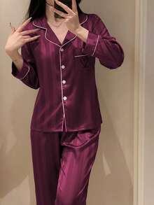 Teen GirlMinimalist Casual Champagne Twill Fabric Heart Embroidery Long Pants & Long Sleeve 2 Pieces Pajama Set - Burgundy - View 4
