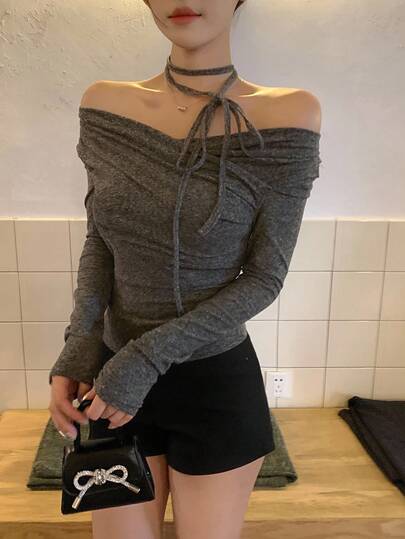 DAZY Women's Cross Off-Shoulder Korean Style Tie-Up Long Sleeve T-Shirt, Spring/Autumn