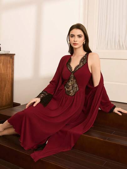 Moireta Elegante Romantic Contrast Kanten Patchwork Long Nightgown Loose Tie Waist Robe Sleepwear Set Verleidelijke 2piece Nightgown, Fall Clothes view 6