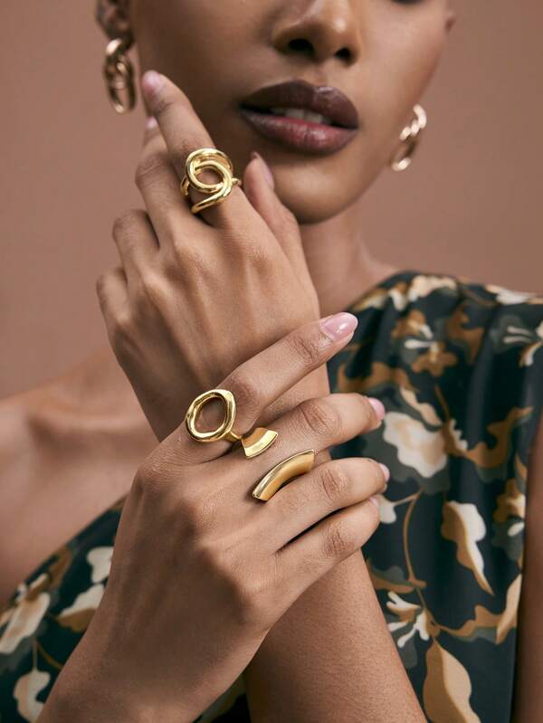 JIAN LASALA (Juego de 3 piezas) Anillo de apertura redonda exagerada estilo punk con brillo, anillo de superficie curva geométrica y anillo cruzado geométrico con brillo. Conjunto de anillos geométricos de diseño europeo y americano INS, adecuados para uso diario de mujeres, varios regalos de vacaciones, temporada de graduación, regalos para estudiantes, regalos de regreso a clases y regalos para maestros. Joyas de anillo grueso que conservan el color