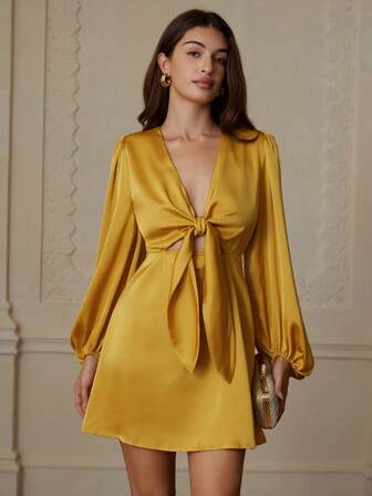 Aveloria Rosie Fashionable Solid Color Satin Lace-Up Waist Long Sleeve Dress, European And American Style, Autumn/Winter