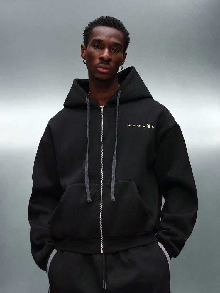 PLAYBOY X SUMWON Schwarzer Kapuzenpullover mit Reißverschluss und Vintage-Print